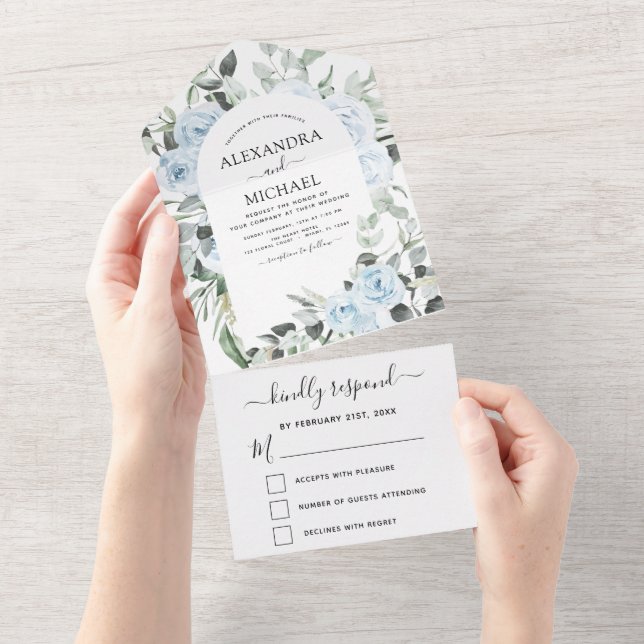 Dusty Blue - Sage Green Floral Wedding RSVP All In All In One Invitation (Tearaway)