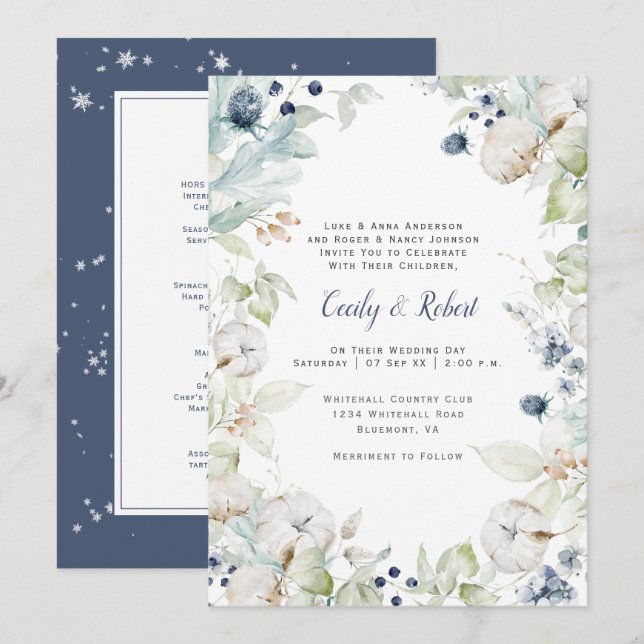 Dusty Blue Sage Green Floral Wedding w/Menu Invitation (Front/Back)