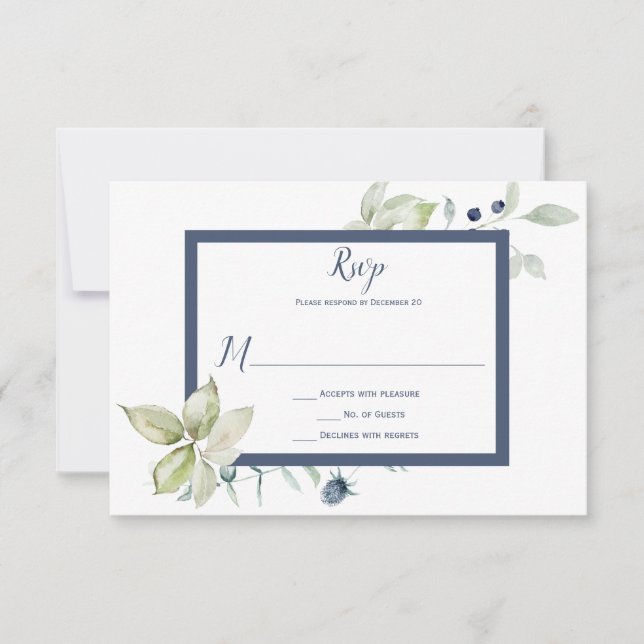 Dusty Blue Sage Green Framed Winter Floral RSVP Card (Front)