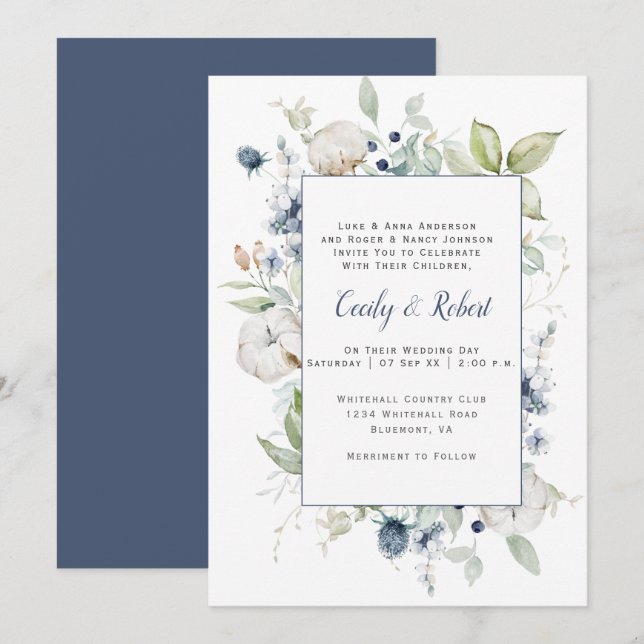Dusty Blue Sage Green Grey Floral Frame Wedding Invitation (Front/Back)