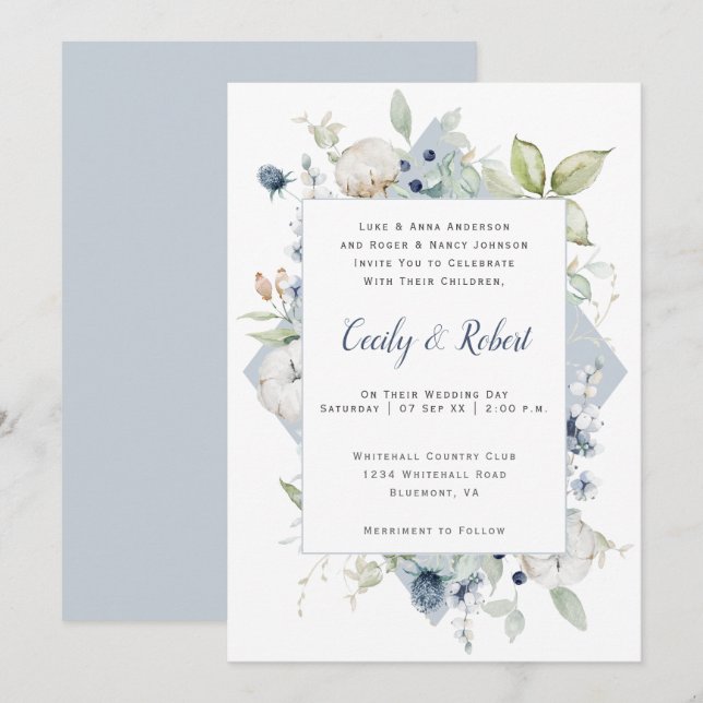 Dusty Blue Sage Green Grey Floral Frame Wedding Invitation (Front/Back)