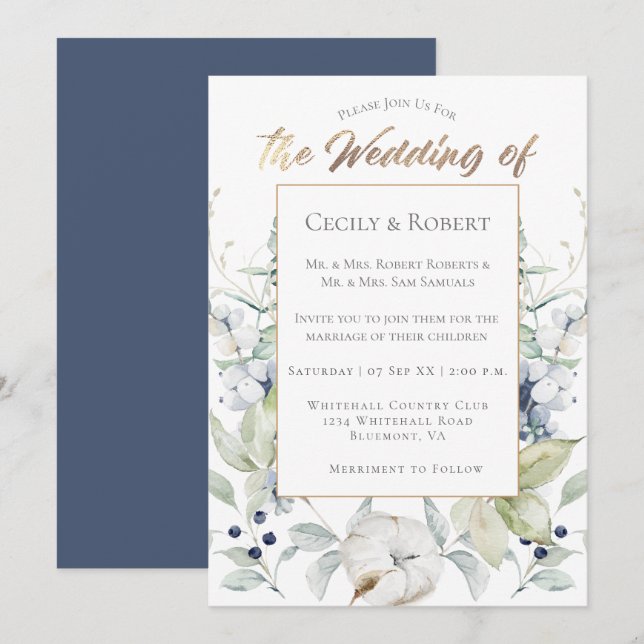 Dusty Blue Sage Green Grey Winter Floral Wedding Invitation (Front/Back)