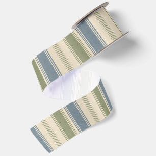 Dusty Blue & Sage Green Linen Multi-Width Stripes Satin Ribbon
