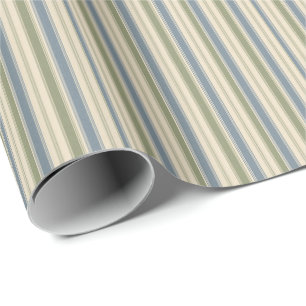 Dusty Blue & Sage Green Linen Multi-Width Stripes Wrapping Paper