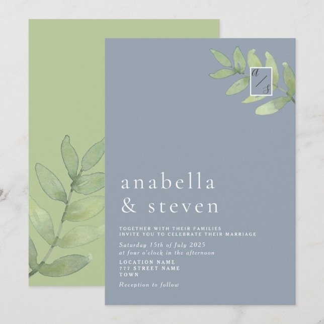 Dusty Blue Sage Green Monogram Wedding Invitation (Front/Back)