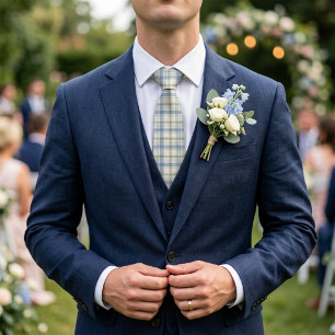 Dusty Blue Sage Green Plaid Preppy Wedding Tie