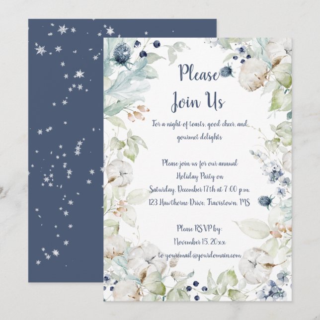 Dusty Blue Sage Green Snowflakes Christmas Party Invitation (Front/Back)