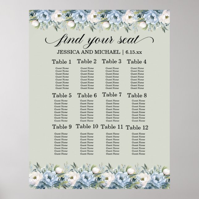 Dusty Blue Sage Green Wedding Seating Chart (Front)