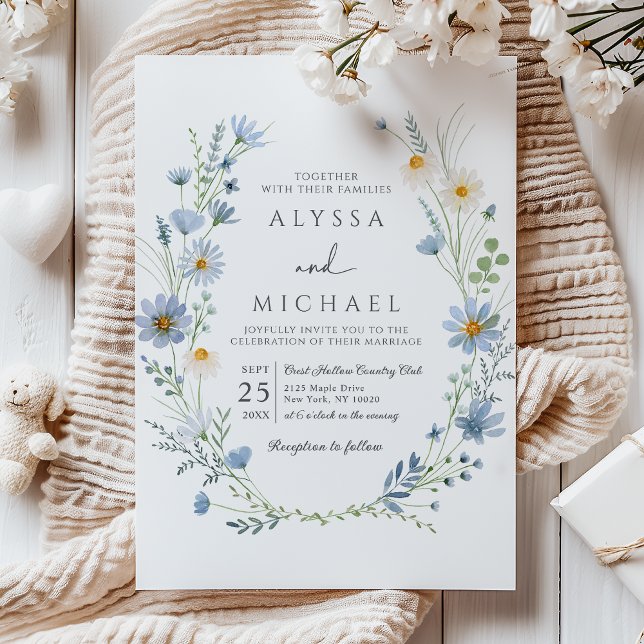 Dusty Blue Sage Green Wildflower Floral Wedding Invitation (Creator Uploaded)
