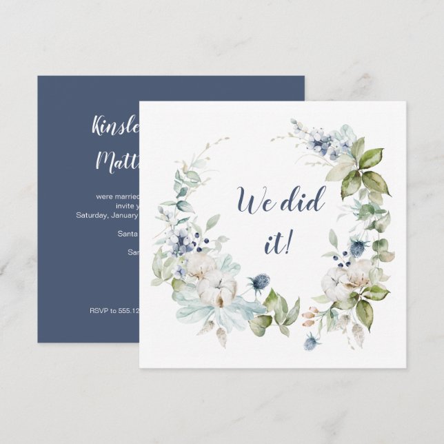 Dusty Blue Sage Green Winter Floral Reception Only Invitation (Front/Back)