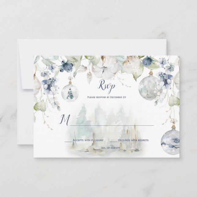 Dusty Blue Sage Green Winter Floral Snow Globes RSVP Card (Front)