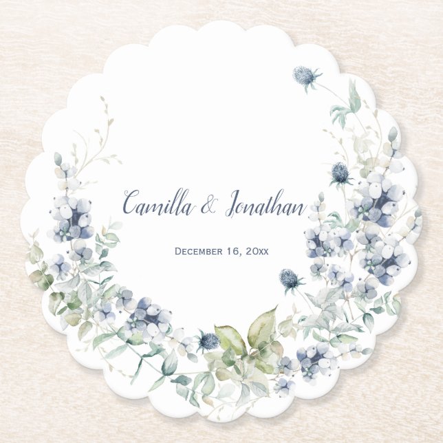 Dusty Blue Sage Green Winter Floral Wedding Paper Coaster (Front)