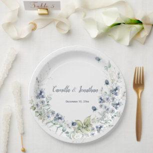 Dusty Blue Sage Green Winter Floral Wedding Paper Plate