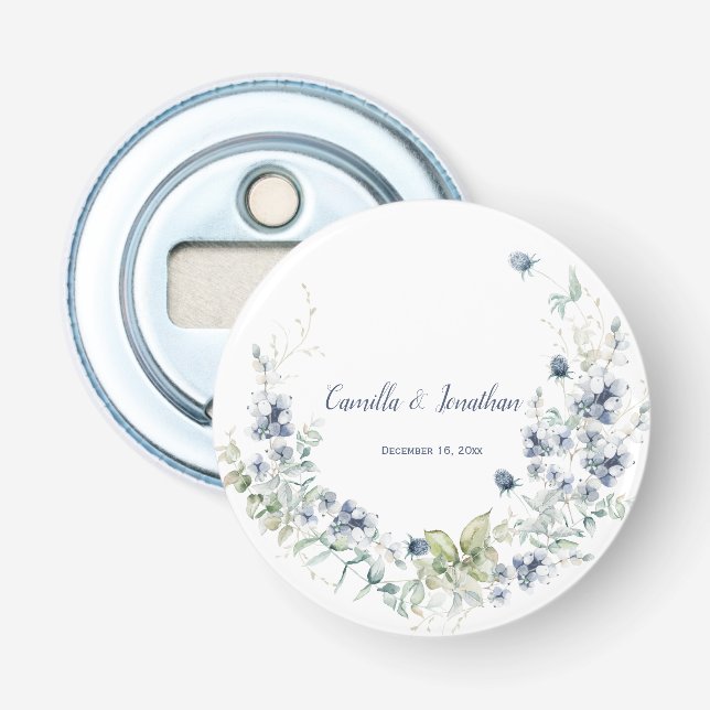 Dusty Blue Sage Green Winter Flowers Wedding Favou Bottle Opener (Front)