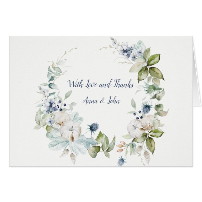Dusty Blue Sage Green Winter Wedding Thank You (Front Horizontal)