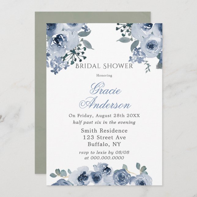 Dusty Blue Sage Painted Peony Bridal Shower Invita Invitation (Front/Back)