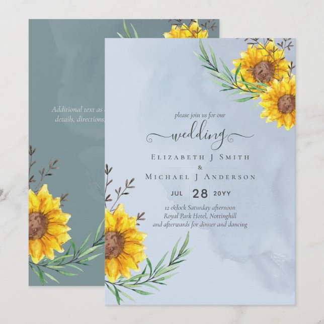 Dusty Blue Sage Sunflowers Rustic Boho Wedding (Front/Back)