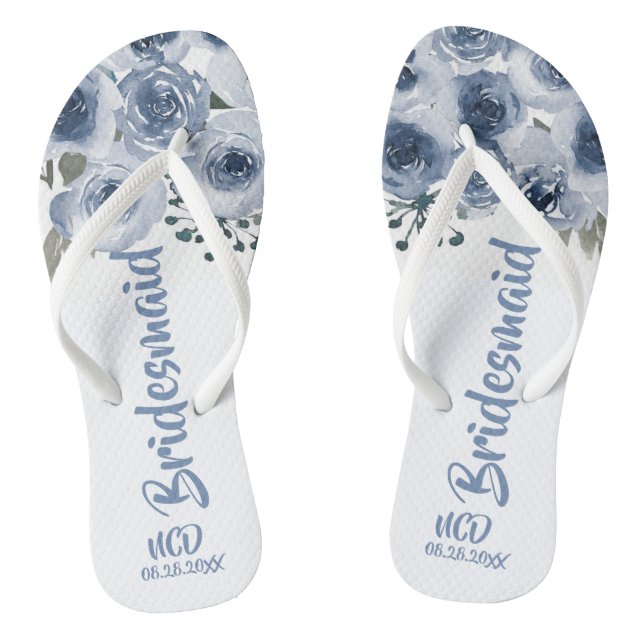 Dusty Blue Sage Watercolor Peony Bridesmaid Favour Flip Flops (Footbed)