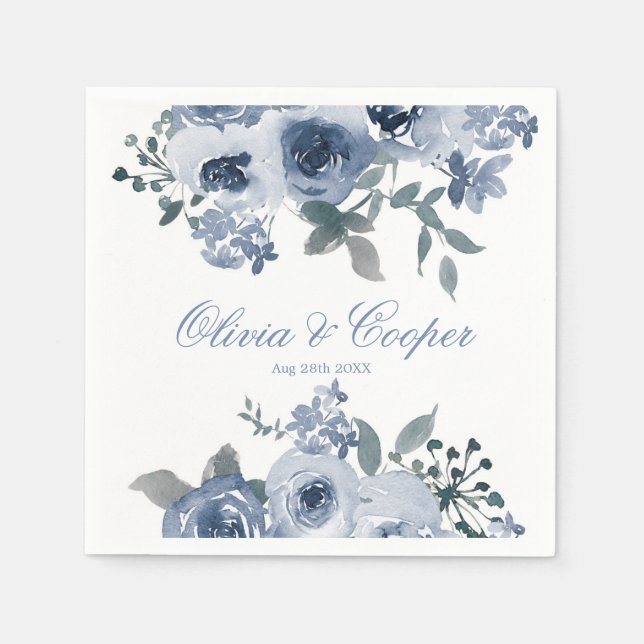 Dusty Blue Sage Watercolor Peony Wedding  Napkin (Front)
