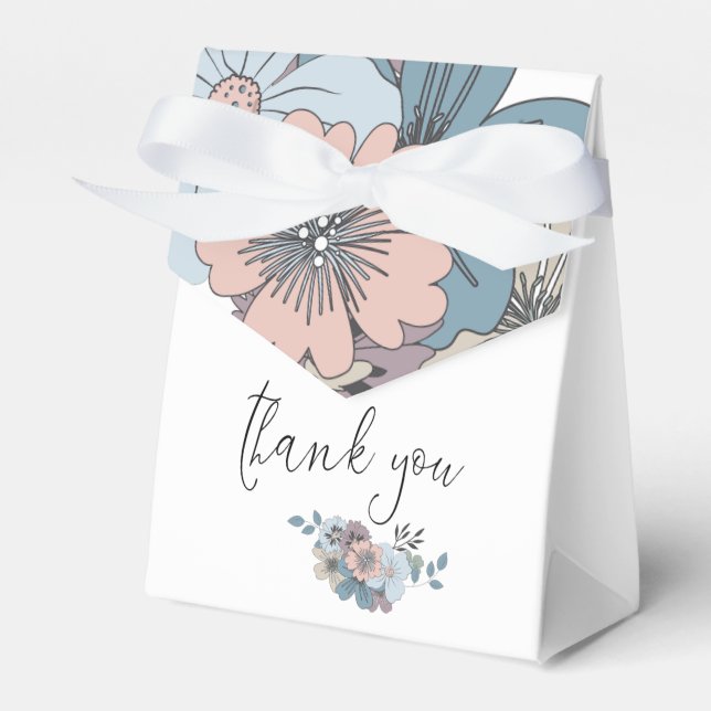 Dusty Blue Salmon Pink Floral Names Date White Favour Box (Front Side)