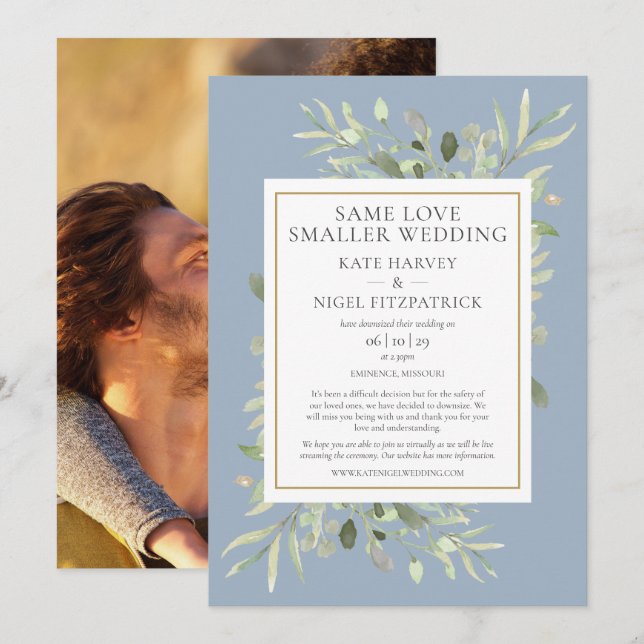 Dusty Blue Same Love Micro Downsized Photo Wedding Invitation (Front/Back)
