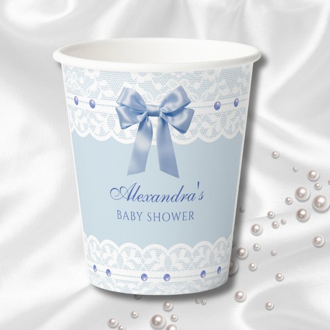 Dusty Blue Satin Bow Regency Lace Baby Shower Paper Cups (Creator Uploaded)