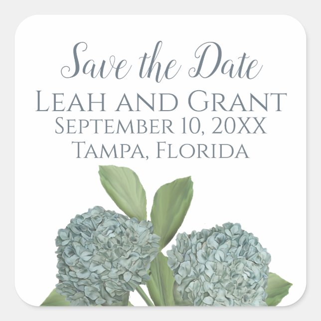 Dusty Blue Save the Date Floral Hydrangea Wedding Square Sticker (Front)