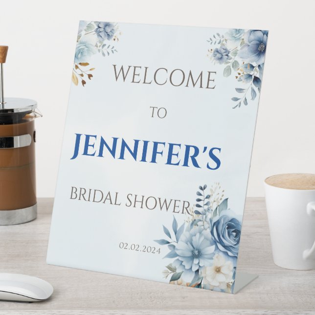 Dusty Blue Scooped Ice Cream Bridal Shower Welcome Pedestal Sign (In SItu)