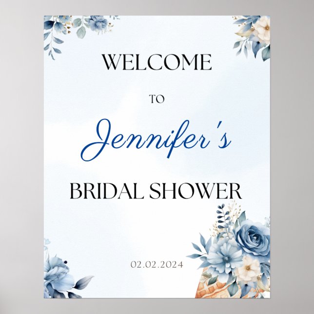 Dusty Blue Scooped Up Floral Bridal Shower Welcome Poster (Front)