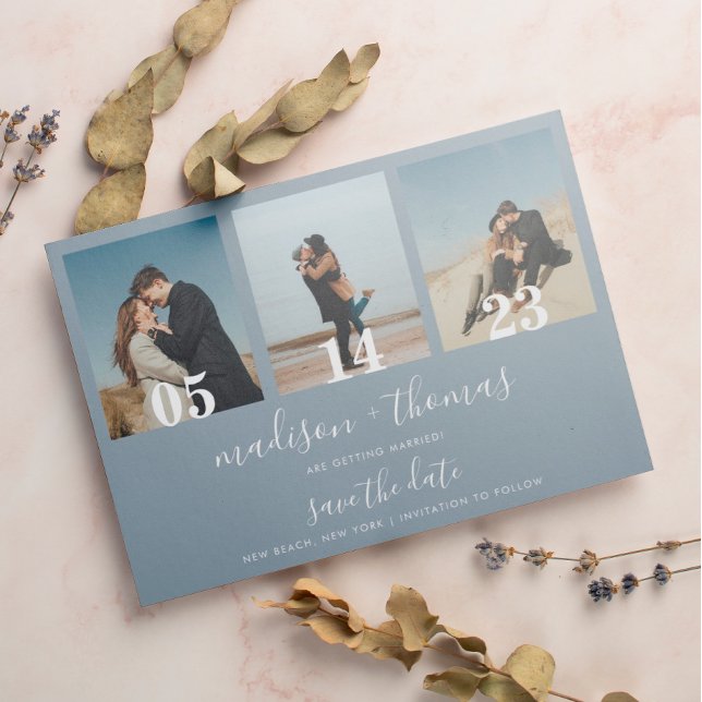 Dusty Blue Script 3 Photo Wedding Save The Date Magnetic Invitation (Creator Uploaded)