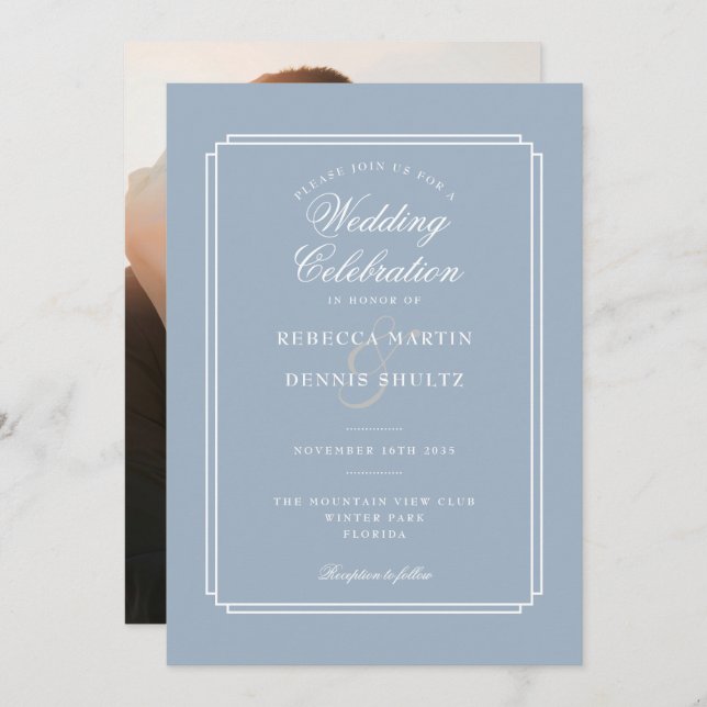 Dusty Blue Script Art Deco Photo Wedding Invitation (Front/Back)