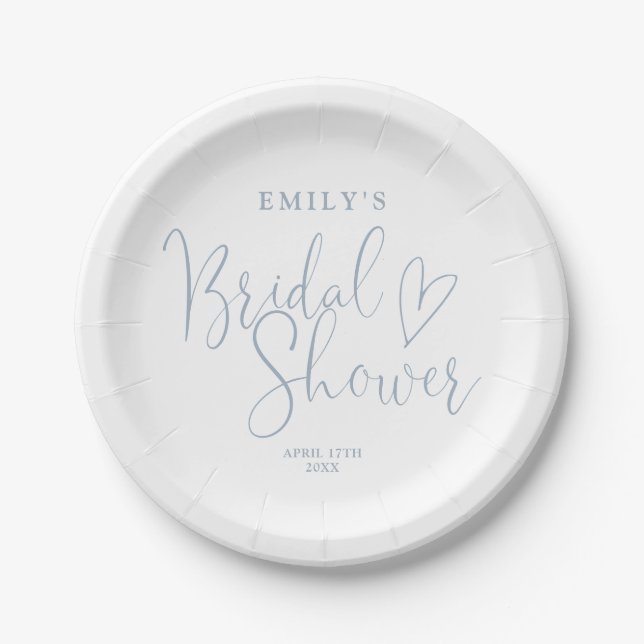 Dusty Blue Script Calligraphy Bridal Shower Paper Plate (Front)