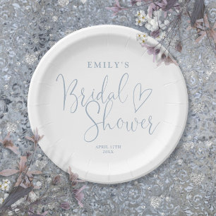 Dusty Blue Script Calligraphy Bridal Shower Paper Plate