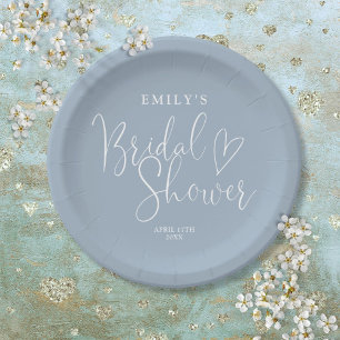 Dusty Blue Script Calligraphy Bridal Shower Paper Plate