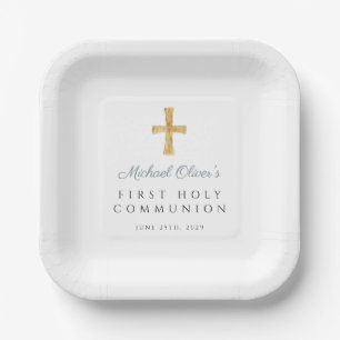 Dusty Blue Script Cross Boy First Communion Paper Plate