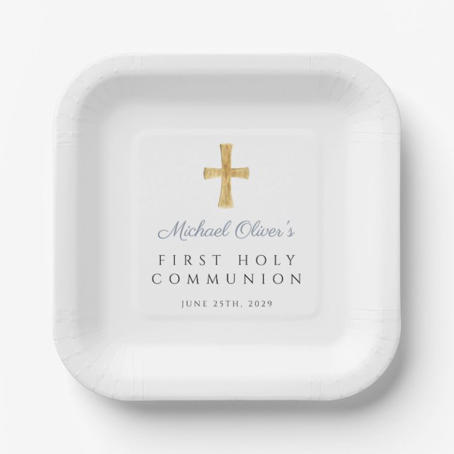 Dusty Blue Script Cross Boy First Communion Paper Plate (Front)