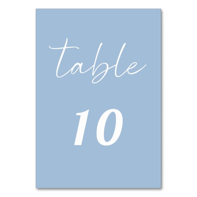 Dusty blue script elegant minimalist wedding table number (Front)