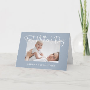 Dusty Blue Script First Mother's Day Photo Card