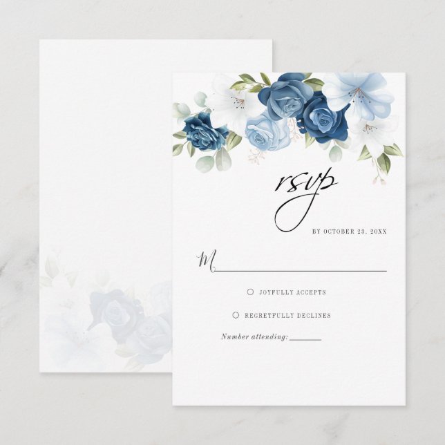 Dusty Blue Script Floral Greenery Botanical RSVP Card (Front/Back)