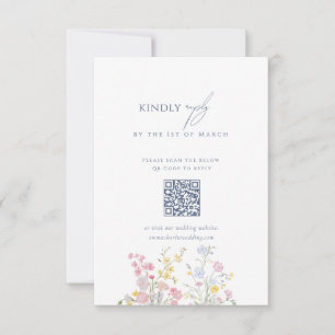 Dusty blue Script Floral Wildflower QR Code RSVP Card