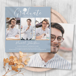 Dusty Blue Script Graduate 4 Photo Graduation Announcement