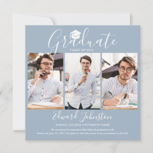 Dusty Blue Script Graduate 4 Photo Graduation Announcement