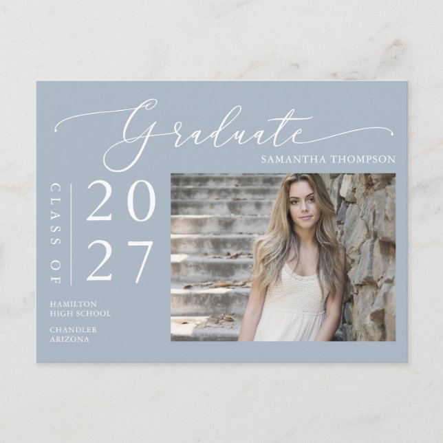 Dusty Blue Script Graduate Announcement Photo Postcard (Front)