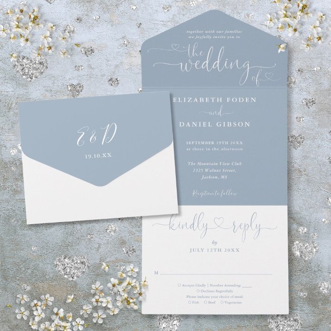 Dusty Blue Script Hearts Minimalist Wedding All In One Invitation (Dusty Blue Script Hearts Minimalist Wedding All In All In One Invitation)