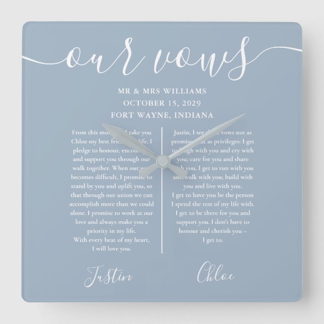 Dusty Blue Script His And Hers Wedding Vows Square Wall Clock (Front)