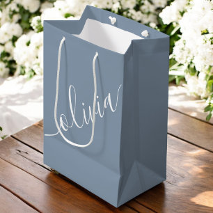 Dusty Blue Script Minimalist Monogram Elegant Medium Gift Bag