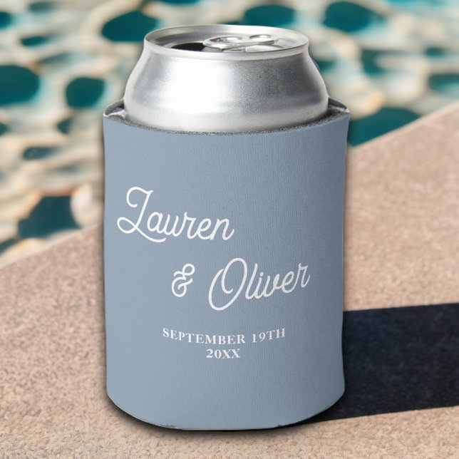 Dusty Blue Script Minimalist Wedding Can Cooler (Creator Uploaded)