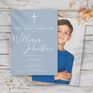 Dusty Blue Script Modern Holy Communion Photo Invitation