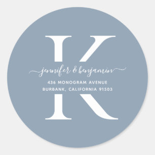 Dusty Blue Script Monogram Return Address Classic Round Sticker