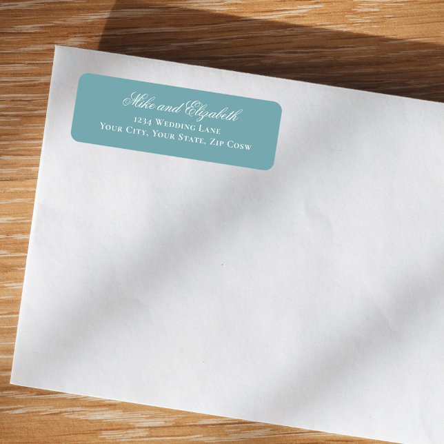 Dusty Blue Script Names Wedding Address (Dusty blue script wedding return address label on white envelope mockup)